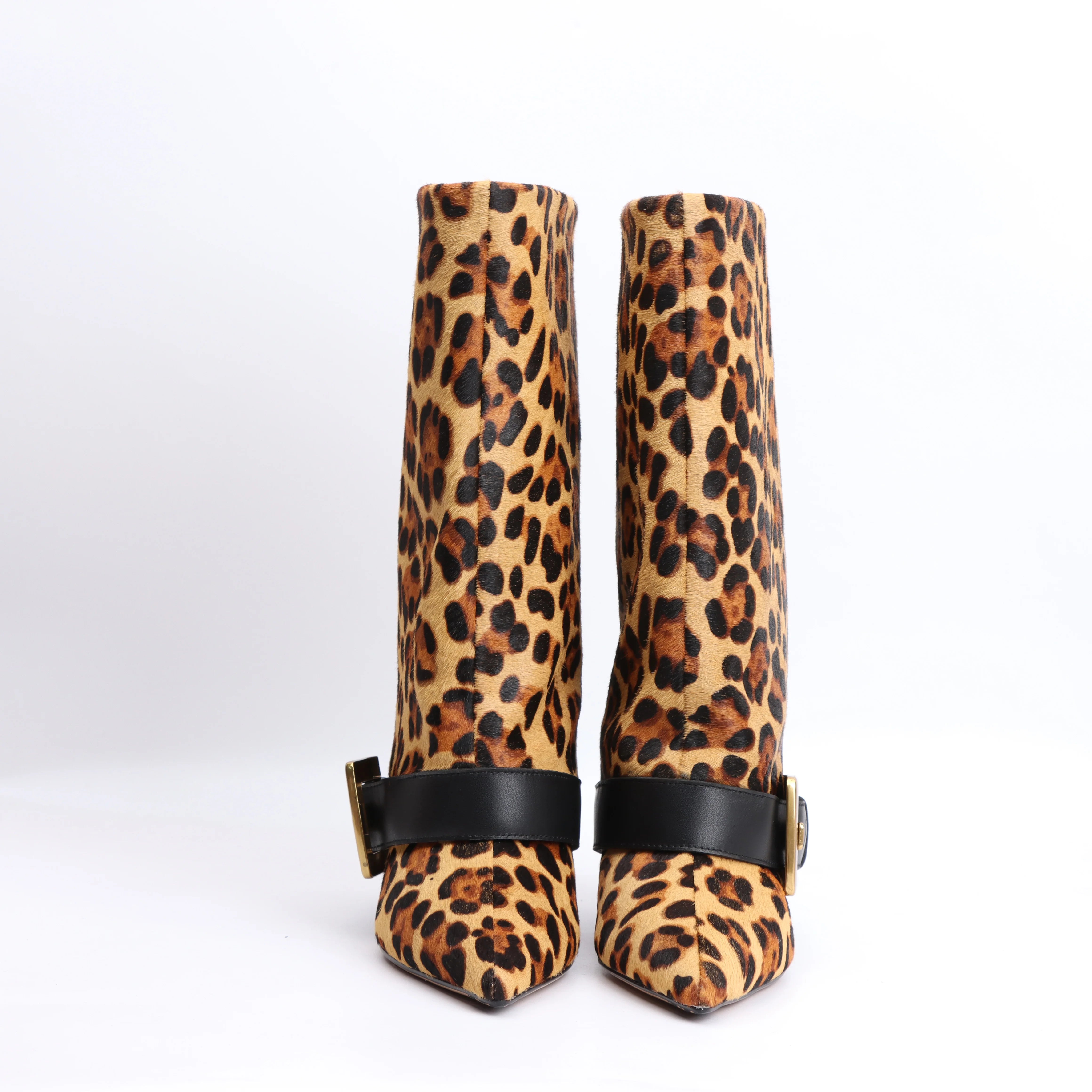 Designer 2025 Winter Luxury New Fashion Leopard Pattern Leather Metal Buckle High Heel Boots Pointed Thin Heel Leg Boots