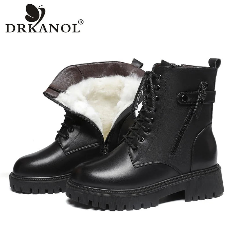 DRKANOL Big Size 35-43 Winter Women Snow Boots Genuine Leather Shearling Flat Heel Ankle Boots Women Wool Warm Platform Shoes