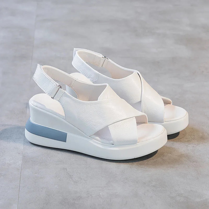DRKANOL Fashion Ladies Sandals 2025 Summer Cross Genuine Cow Leather Wedges High Heel Casual Sandals Women Summer Platform Shoes