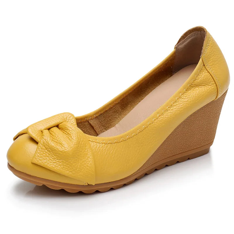 WOIZGIC Women Ladies Female Mother Woman's Genuine Leather Shoes Flats High Heels Slip On Summer Bow-knot Size 34-40 ZBM-A08