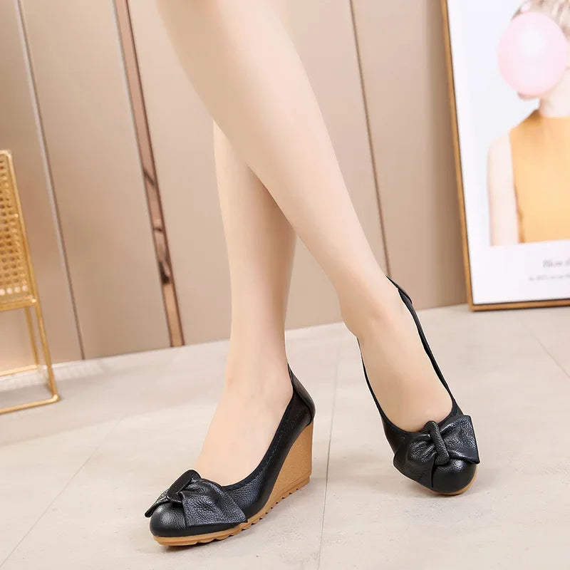 WOIZGIC Women Ladies Female Mother Woman's Genuine Leather Shoes Flats High Heels Slip On Summer Bow-knot Size 34-40 ZBM-A08