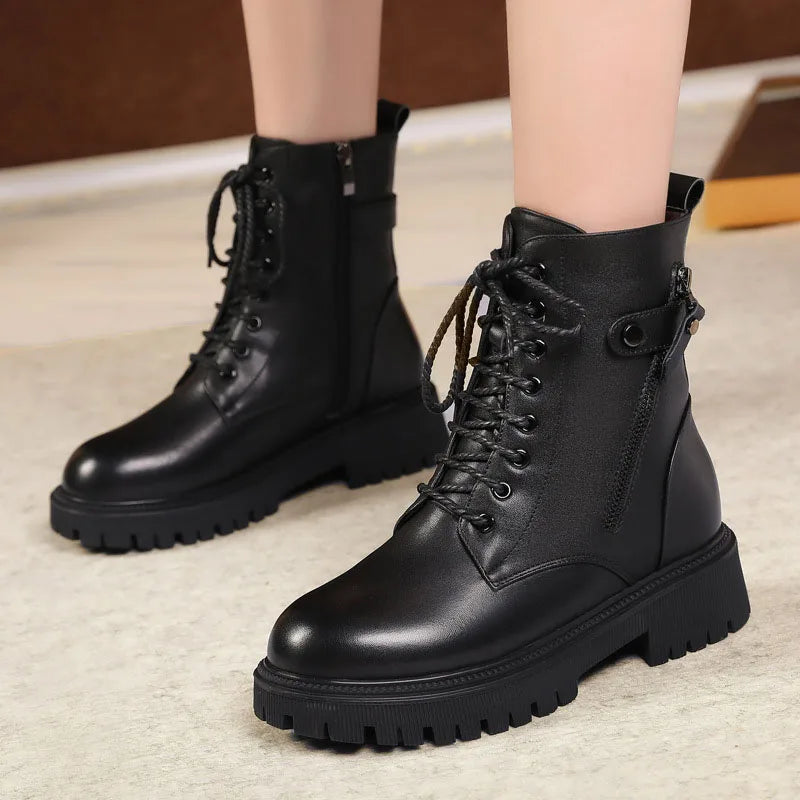 DRKANOL Big Size 35-43 Winter Women Snow Boots Genuine Leather Shearling Flat Heel Ankle Boots Women Wool Warm Platform Shoes