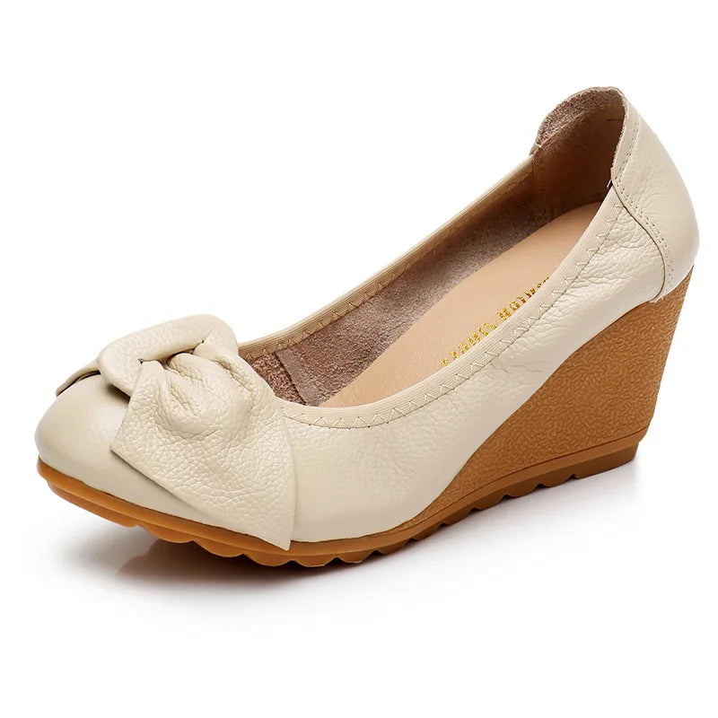 WOIZGIC Women Ladies Female Mother Woman's Genuine Leather Shoes Flats High Heels Slip On Summer Bow-knot Size 34-40 ZBM-A08