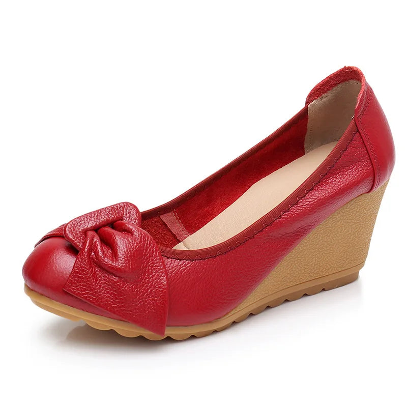 WOIZGIC Women Ladies Female Mother Woman's Genuine Leather Shoes Flats High Heels Slip On Summer Bow-knot Size 34-40 ZBM-A08