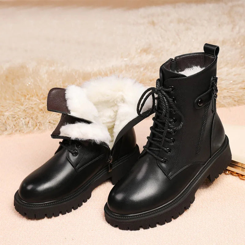 DRKANOL Big Size 35-43 Winter Women Snow Boots Genuine Leather Shearling Flat Heel Ankle Boots Women Wool Warm Platform Shoes