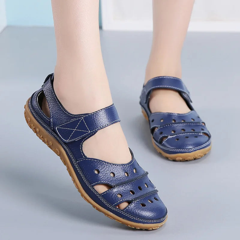 WOIZGIC Mother Women's Female Ladies Genuine Leather White Shoes Sandals Hook Loop Summer Cool Beach Hollow Soft LLX-9566