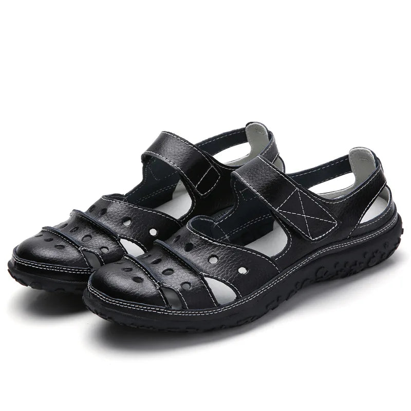 WOIZGIC Mother Women's Female Ladies Genuine Leather White Shoes Sandals Hook Loop Summer Cool Beach Hollow Soft LLX-9566