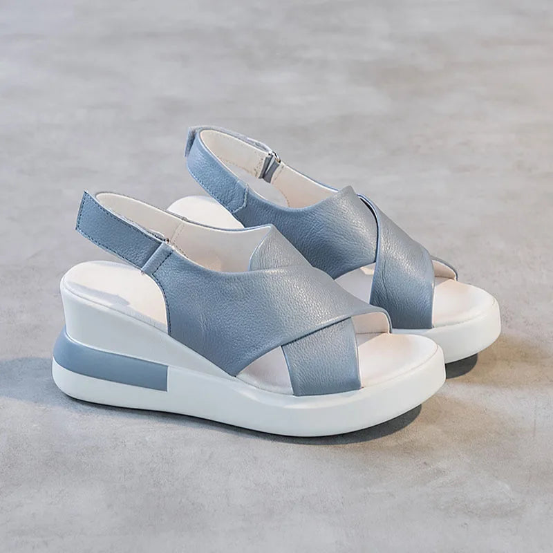 DRKANOL Fashion Ladies Sandals 2025 Summer Cross Genuine Cow Leather Wedges High Heel Casual Sandals Women Summer Platform Shoes