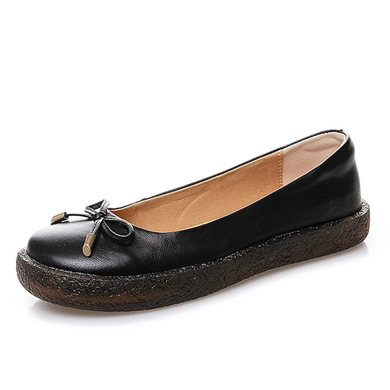 WOIZGIC Women's Ladies Female Mother White Genuine Leather Shoes Flats Non Slip On Casual Bow Plus Size 43 42 JZ-19111