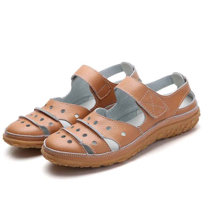 WOIZGIC Mother Women's Female Ladies Genuine Leather White Shoes Sandals Hook Loop Summer Cool Beach Hollow Soft LLX-9566