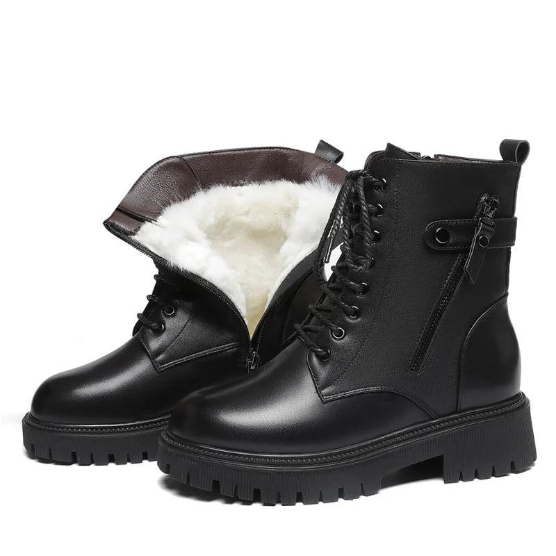 DRKANOL Big Size 35-43 Winter Women Snow Boots Genuine Leather Shearling Flat Heel Ankle Boots Women Wool Warm Platform Shoes