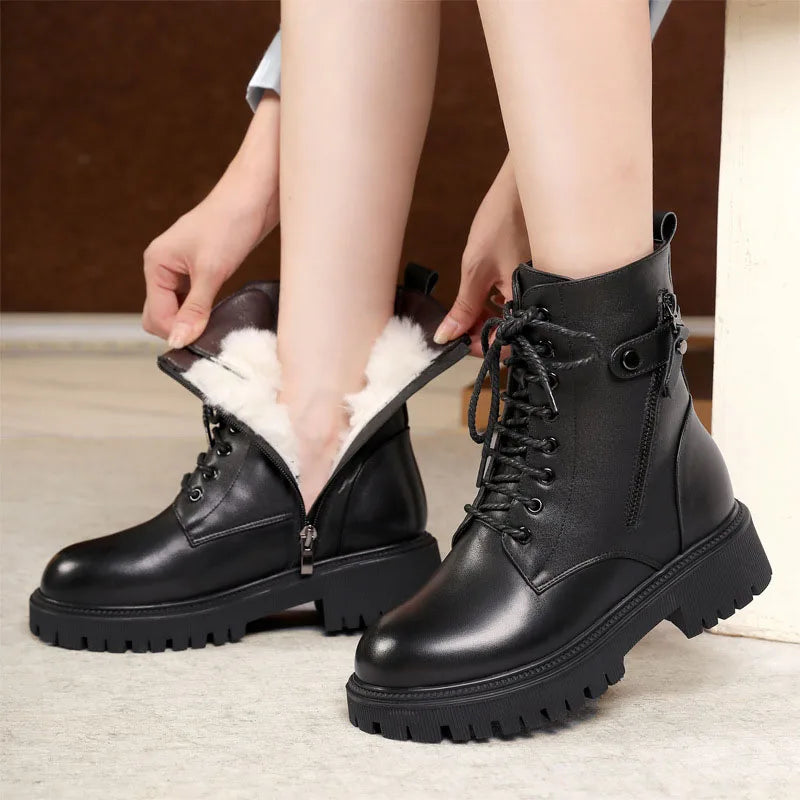 DRKANOL Big Size 35-43 Winter Women Snow Boots Genuine Leather Shearling Flat Heel Ankle Boots Women Wool Warm Platform Shoes