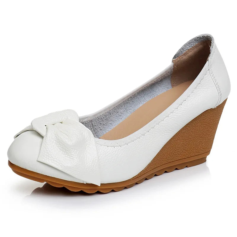 WOIZGIC Women Ladies Female Mother Woman's Genuine Leather Shoes Flats High Heels Slip On Summer Bow-knot Size 34-40 ZBM-A08