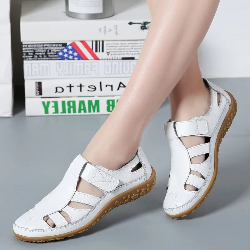 WOIZGIC Women Ladies Female Mother Genuine Leather Shoes Sandals Gladiator Summer Beach Cool Hollow Soft Hook Loop LLX-9568
