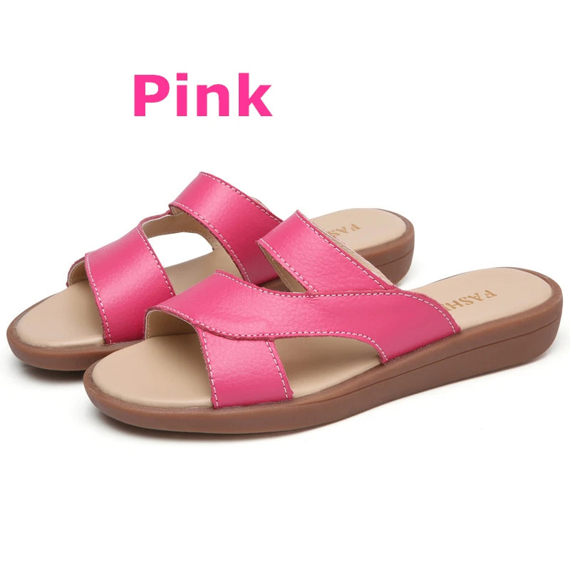 WOIZGIC New Women Old Mother Female Ladies Shoes Sandals Cow Genuine Leather Slip On Summer Beach Casual Size 35-40 YL-1802