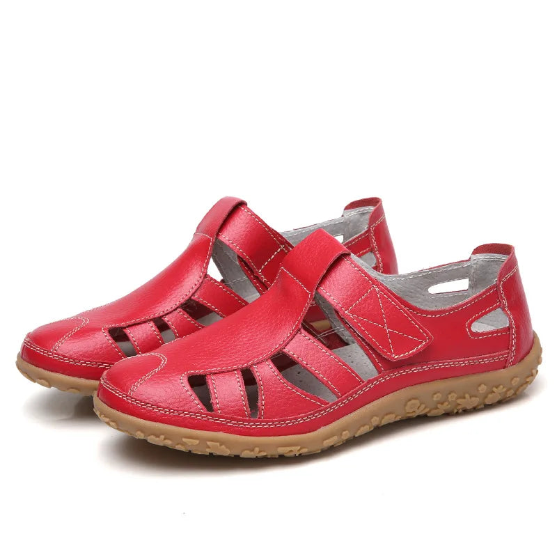 WOIZGIC Women Ladies Female Mother Genuine Leather Shoes Sandals Gladiator Summer Beach Cool Hollow Soft Hook Loop LLX-9568