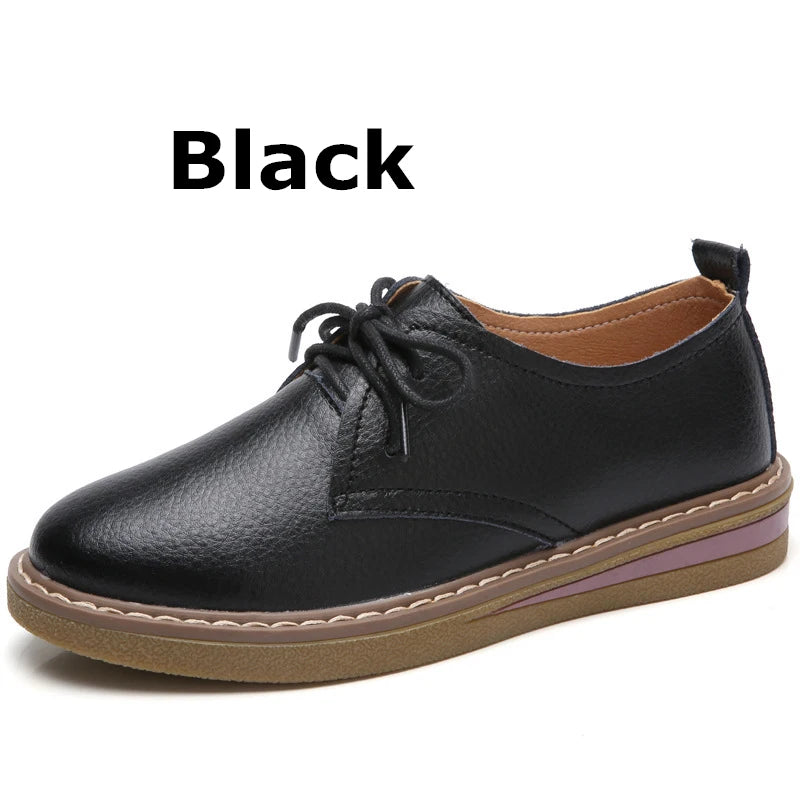 WOIZGIC Women Casual Shoes Flats Loafers Ladies Female Old Mother Cow Genuine Leather lace Up Pigskin Korean 35-40 SKH-058
