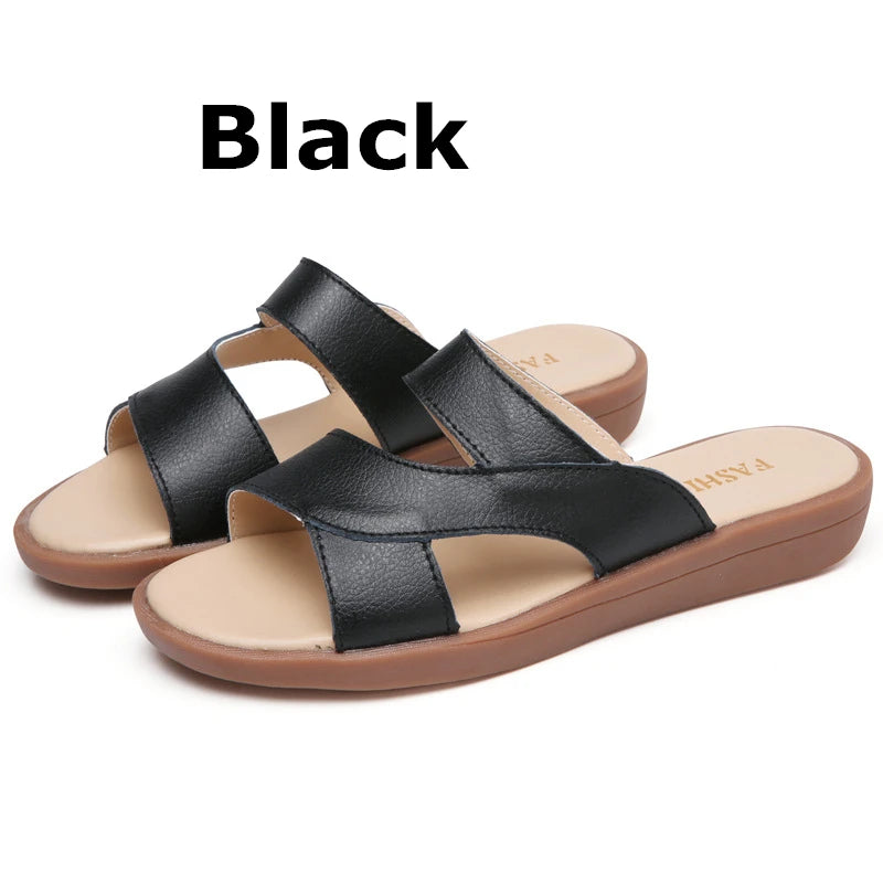 WOIZGIC New Women Old Mother Female Ladies Shoes Sandals Cow Genuine Leather Slip On Summer Beach Casual Size 35-40 YL-1802