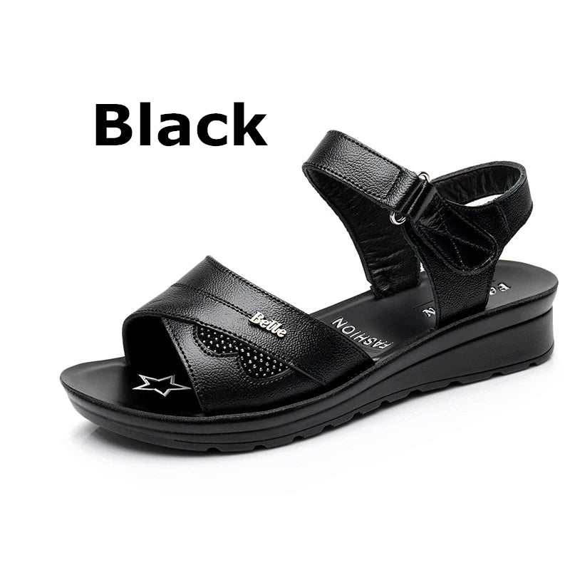 WOIZGIC Women Mother Old Female Sandals Shoes Cow Genuine Leather Casual PU Hook Loop Summer Beach Cool Size 35-41 HD-B01