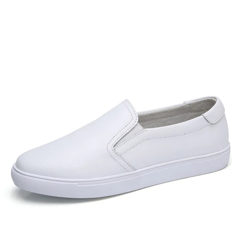 WOIZGIC Women Ladies Female Gril Genuine Leather White Shoes Flats Platforn Sneakers Slip On Soft Vulcanized Shoes ZQMF-960