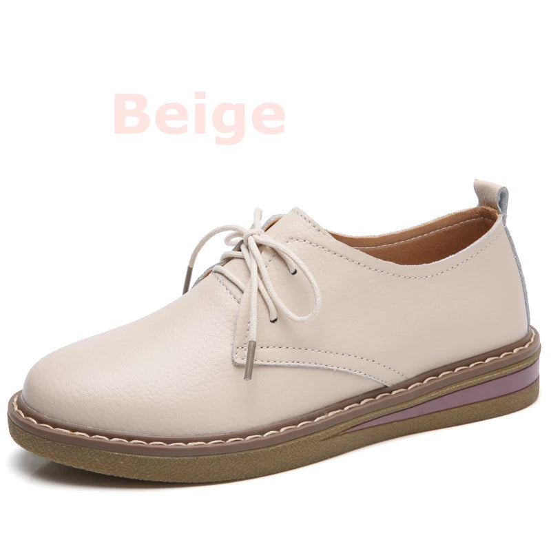 WOIZGIC Women Casual Shoes Flats Loafers Ladies Female Old Mother Cow Genuine Leather lace Up Pigskin Korean 35-40 SKH-058