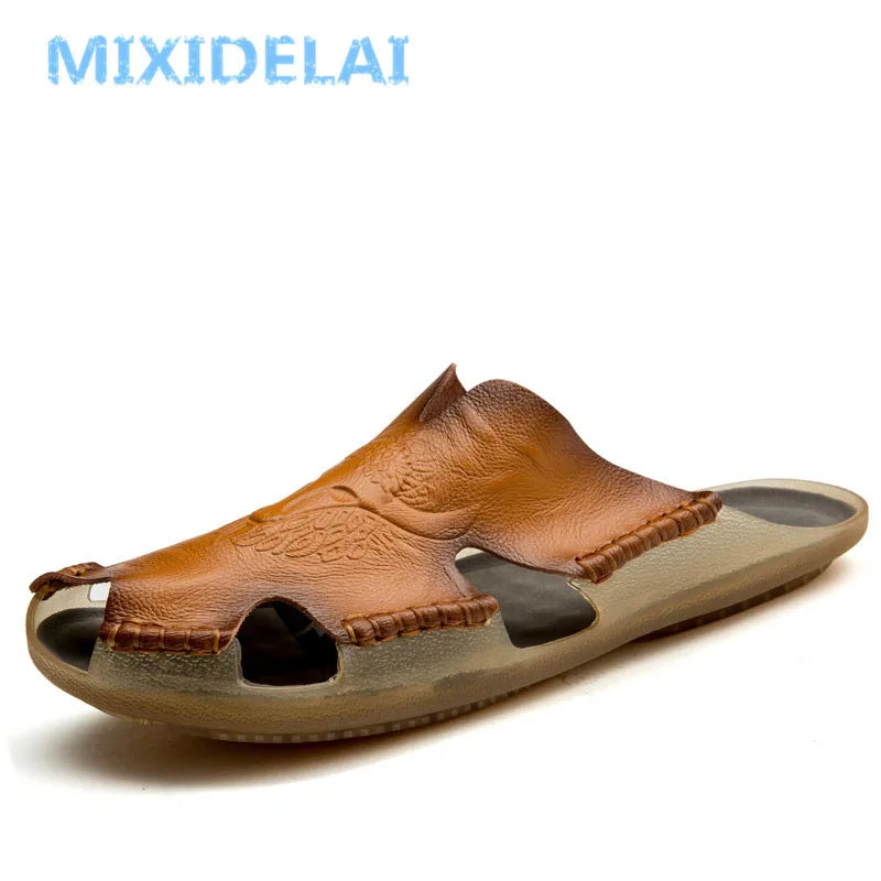 MIXIDELAI New Quality Leather Non-Slip Slippers Men Beach Sandals Comfortable Summer Shoes Men Slippers Classics Men Flip Flops