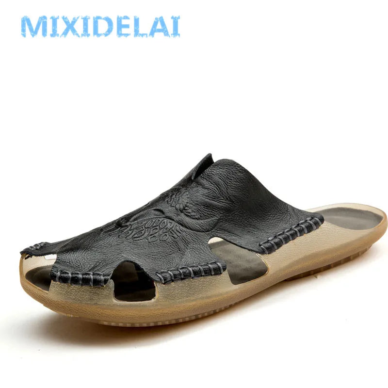MIXIDELAI New Quality Leather Non-Slip Slippers Men Beach Sandals Comfortable Summer Shoes Men Slippers Classics Men Flip Flops