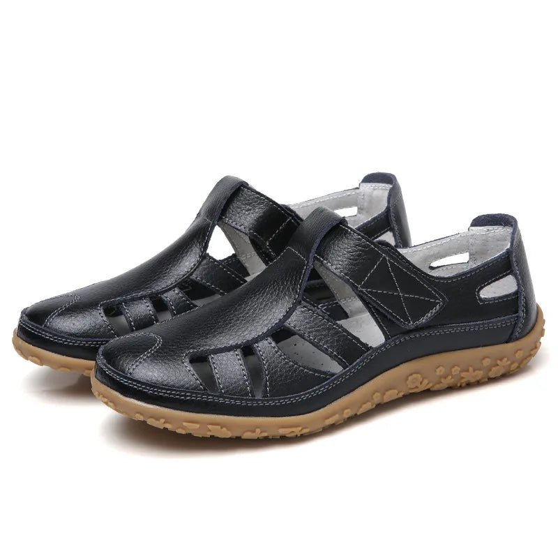 WOIZGIC Women Ladies Female Mother Genuine Leather Shoes Sandals Gladiator Summer Beach Cool Hollow Soft Hook Loop LLX-9568