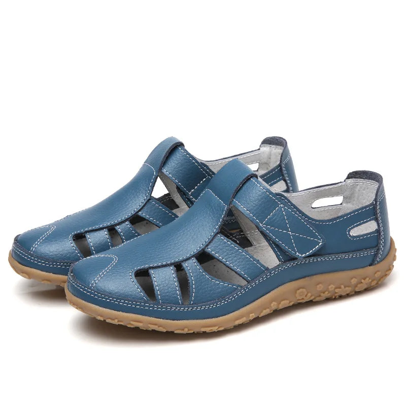 WOIZGIC Women Ladies Female Mother Genuine Leather Shoes Sandals Gladiator Summer Beach Cool Hollow Soft Hook Loop LLX-9568