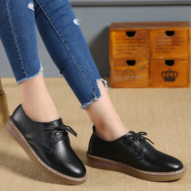 WOIZGIC Women Casual Shoes Flats Loafers Ladies Female Old Mother Cow Genuine Leather lace Up Pigskin Korean 35-40 SKH-058