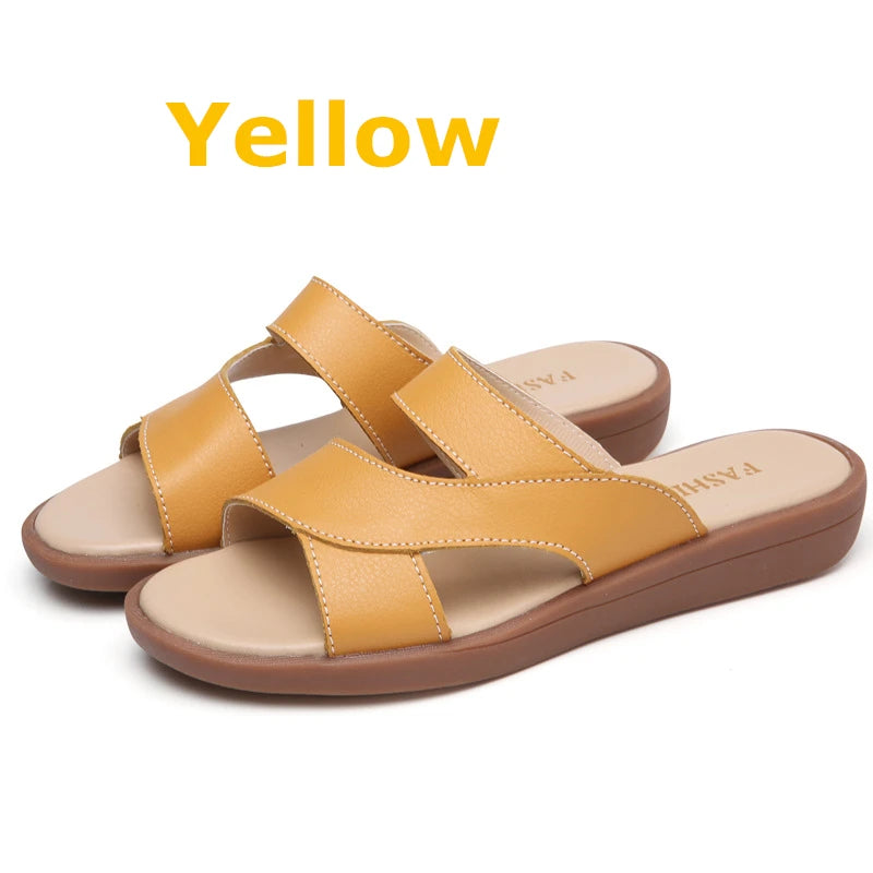 WOIZGIC New Women Old Mother Female Ladies Shoes Sandals Cow Genuine Leather Slip On Summer Beach Casual Size 35-40 YL-1802