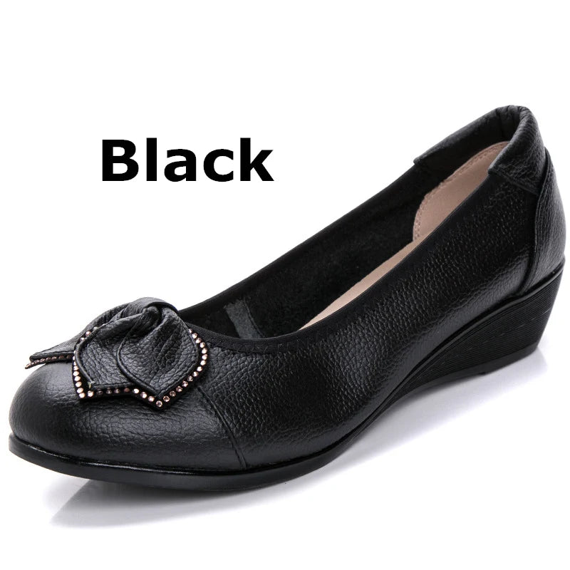 WOIZGIC Women Mother Old Shoes Flats Loafers Cow Genuine Leather Pigskin Rubber Suede Slip On Bowknot Casual 34-43 HC-1107