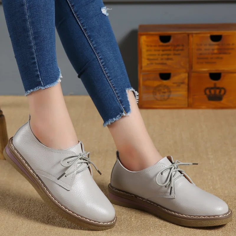 WOIZGIC Women Casual Shoes Flats Loafers Ladies Female Old Mother Cow Genuine Leather lace Up Pigskin Korean 35-40 SKH-058