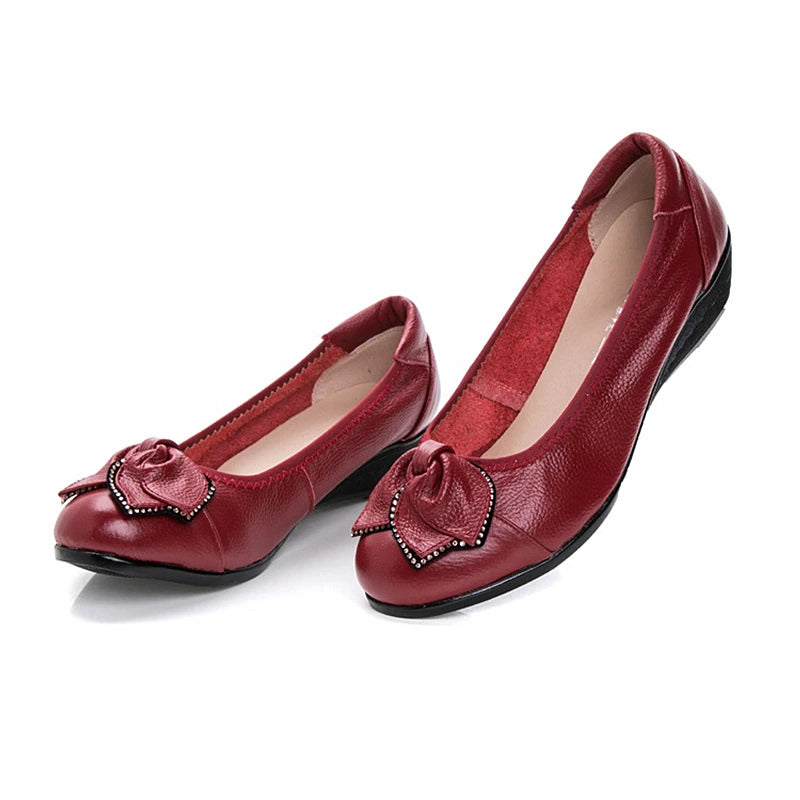WOIZGIC Women Mother Old Shoes Flats Loafers Cow Genuine Leather Pigskin Rubber Suede Slip On Bowknot Casual 34-43 HC-1107