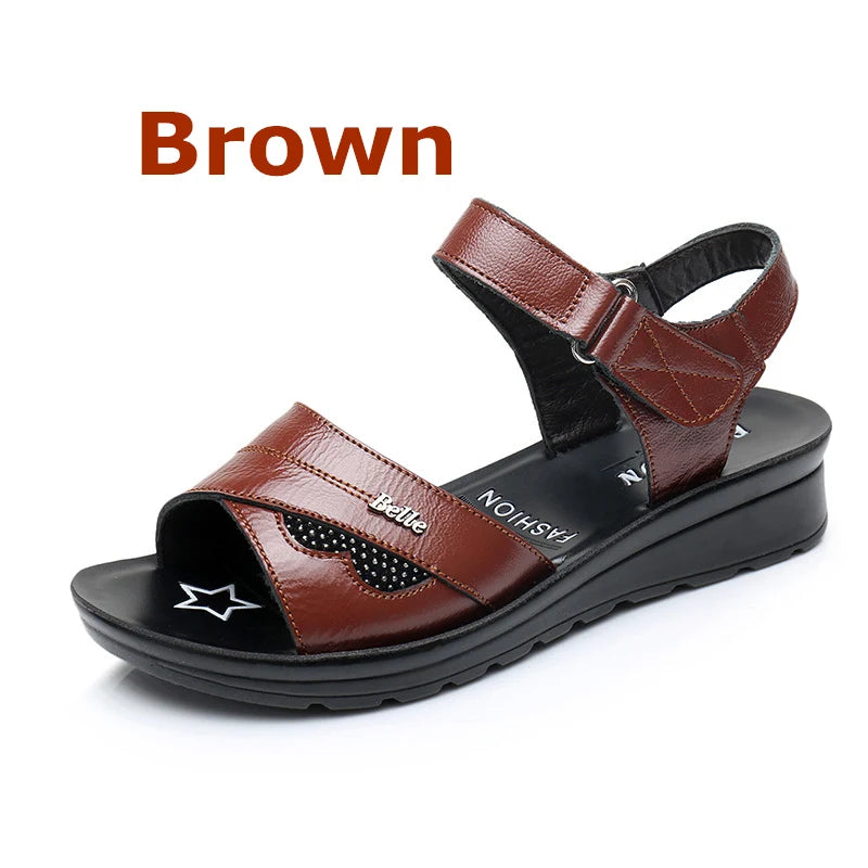 WOIZGIC Women Mother Old Female Sandals Shoes Cow Genuine Leather Casual PU Hook Loop Summer Beach Cool Size 35-41 HD-B01