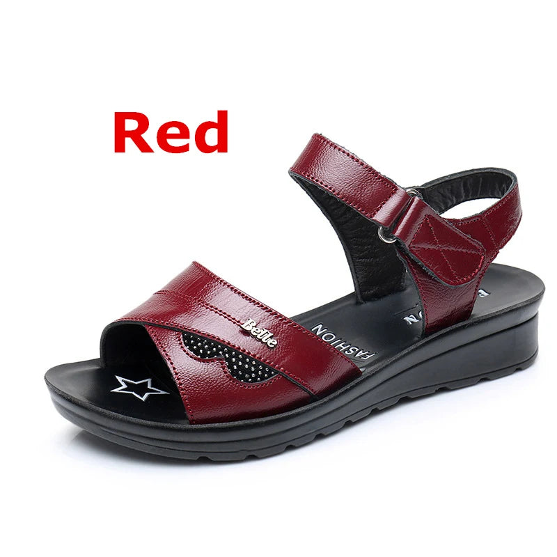 WOIZGIC Women Mother Old Female Sandals Shoes Cow Genuine Leather Casual PU Hook Loop Summer Beach Cool Size 35-41 HD-B01
