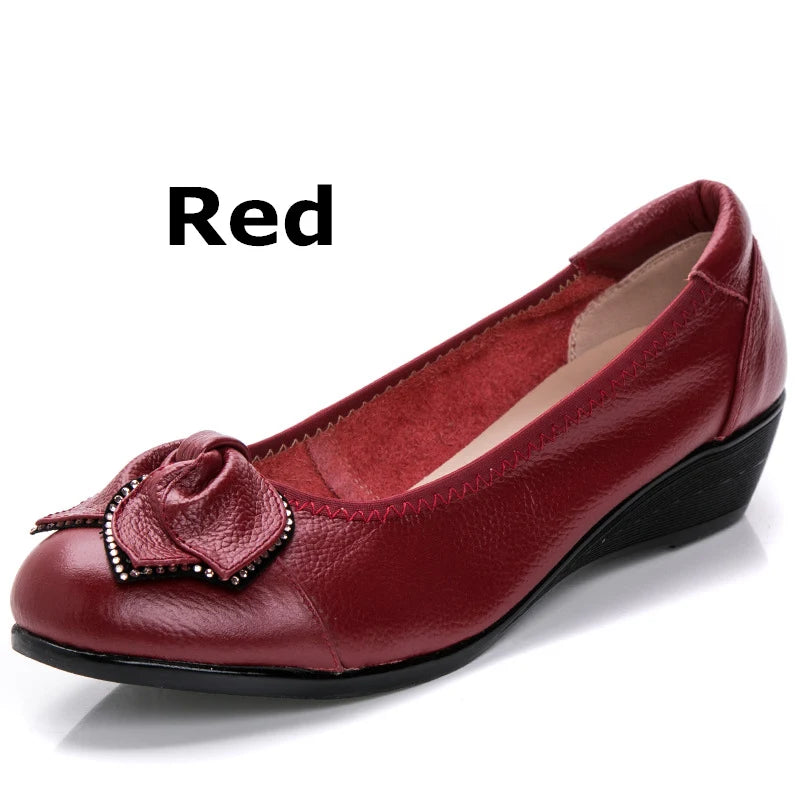 WOIZGIC Women Mother Old Shoes Flats Loafers Cow Genuine Leather Pigskin Rubber Suede Slip On Bowknot Casual 34-43 HC-1107