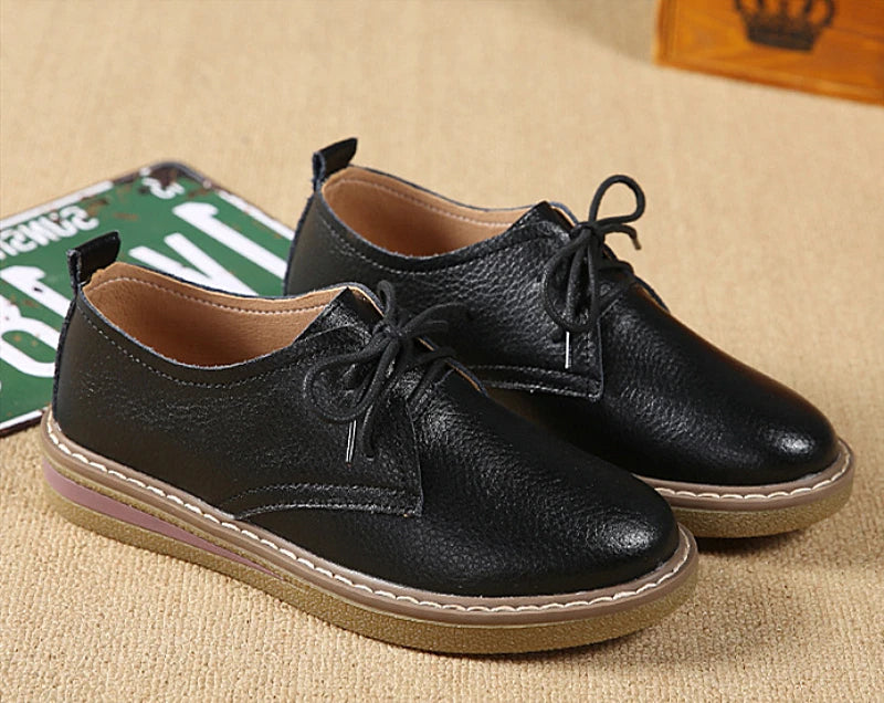 WOIZGIC Women Casual Shoes Flats Loafers Ladies Female Old Mother Cow Genuine Leather lace Up Pigskin Korean 35-40 SKH-058