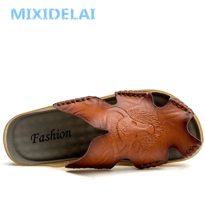 MIXIDELAI New Quality Leather Non-Slip Slippers Men Beach Sandals Comfortable Summer Shoes Men Slippers Classics Men Flip Flops