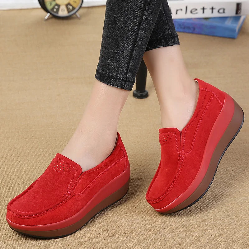 WOIZGIC Women's Woman Female Ladies Cow Suede Genuine Leather Shoes Flats Loafers Platform Moccasins Elegant Slip On PX-3213