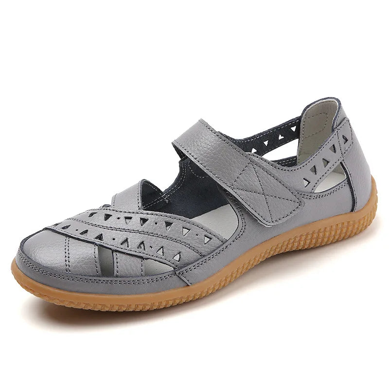 WOIZGIC Female Women Mother Genuine Leather Hollow White Shoes Sandals Flats Loafers Summer Cool Beach Plus Size 41 42