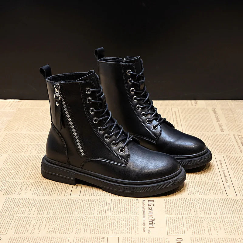 WOIZGIC Women's Ladies Genuine Leather Female Shoes Ankle Boots Platform Lace Up Warm Winter Autumn Fur Plush Motorcycle
