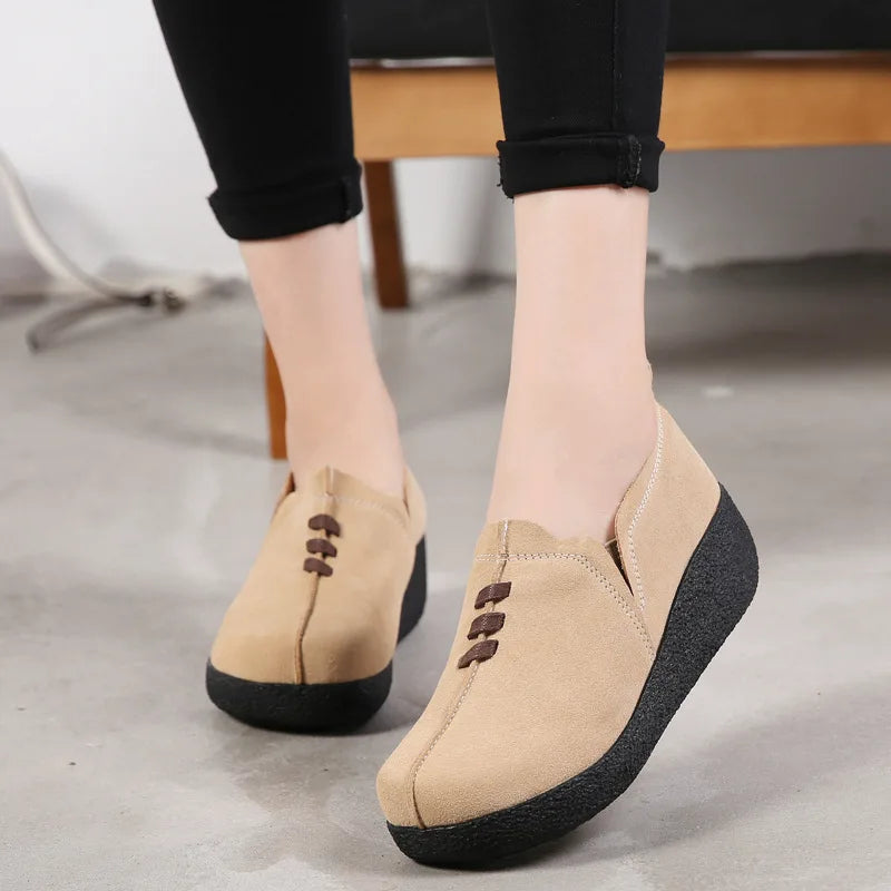 WOIZGIC Women Female Mother Ladies Genuine Leather Cow Suede Shoes Flats Platform Slip On Korean Plus Size 42 43 LLX-3022