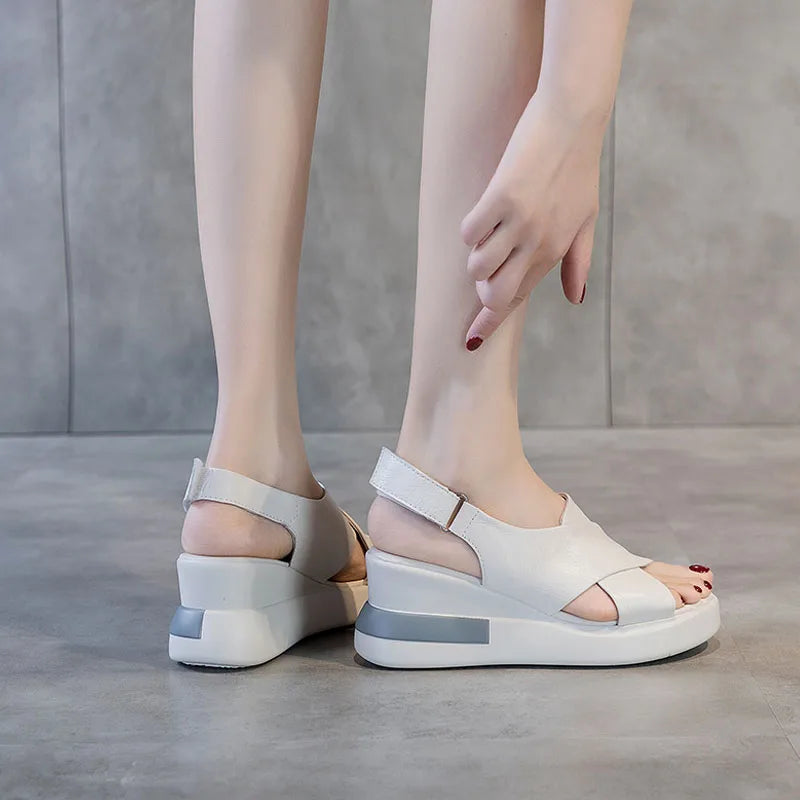 DRKANOL Fashion Ladies Sandals 2025 Summer Cross Genuine Cow Leather Wedges High Heel Casual Sandals Women Summer Platform Shoes