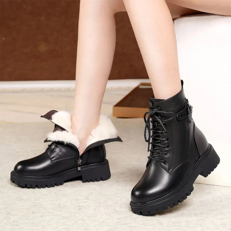 DRKANOL Big Size 35-43 Winter Women Snow Boots Genuine Leather Shearling Flat Heel Ankle Boots Women Wool Warm Platform Shoes