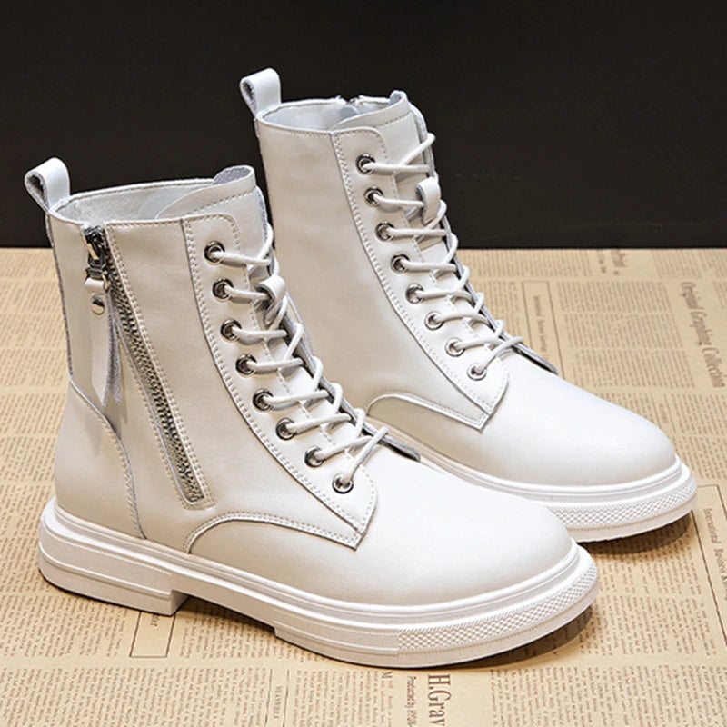 WOIZGIC Women's Ladies Genuine Leather Female Shoes Ankle Boots Platform Lace Up Warm Winter Autumn Fur Plush Motorcycle