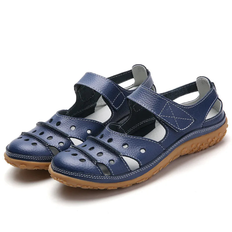 WOIZGIC Mother Women's Female Ladies Genuine Leather White Shoes Sandals Hook Loop Summer Cool Beach Hollow Soft LLX-9566