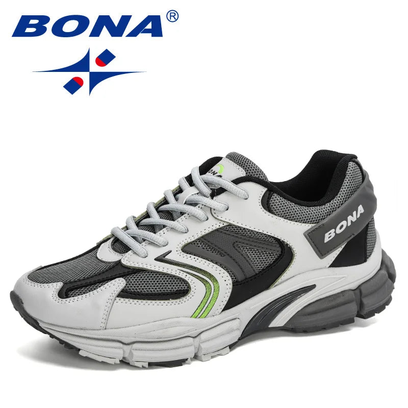 BONA New Designers Action Leather Mesh Men Running Shoes Sneakers Trainers Lightweight Antiskid Outdoor Walking Shoes Man