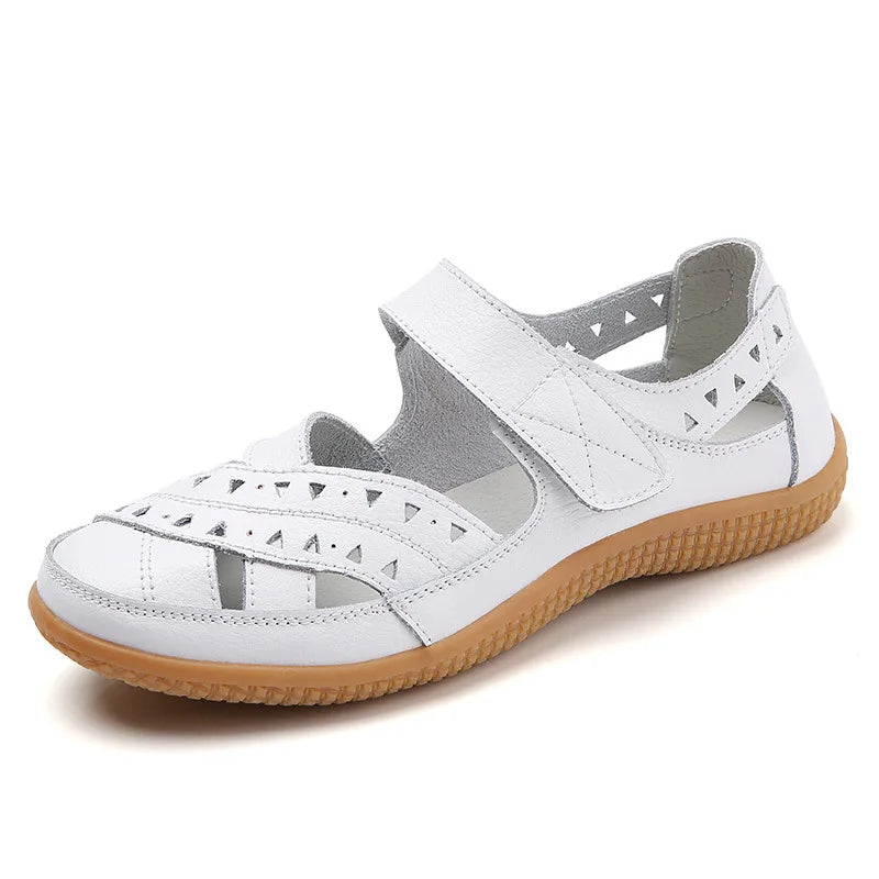 WOIZGIC Female Women Mother Genuine Leather Hollow White Shoes Sandals Flats Loafers Summer Cool Beach Plus Size 41 42