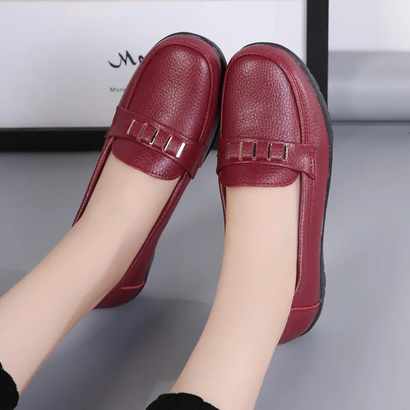 WOIZGIC Women's Female Mother Girl Ladies Genuine Leather Flats Shoes Platform Loafers Slip On Plus Size 42 43 44 Spring
